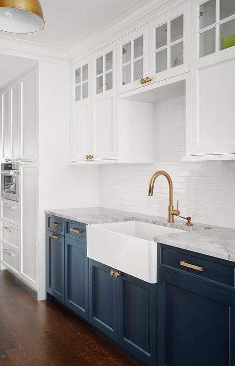 Two Toned Kitchen Cabinets, White Upper Cabinets, Blue Kitchen Cabinets, Two Tone Kitchen, Blue Cabinets, Kitchen Cabinet Colors, Kitchen Inspiration Design, Upper Cabinets, Blue Kitchens