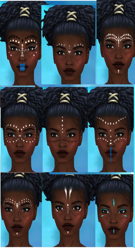 Nubian mask (adult to toddlers) | glorianasims4 on Patreon Wakanda Forever Party Ideas, Face Paint Photoshoot Ideas, African Face Paint Goddesses, African Goddess Makeup, Goddess Face Paint, Native American Makeup Women, African Goddess Photoshoot, Sims 4 Face Paint, Face Paint Aesthetic