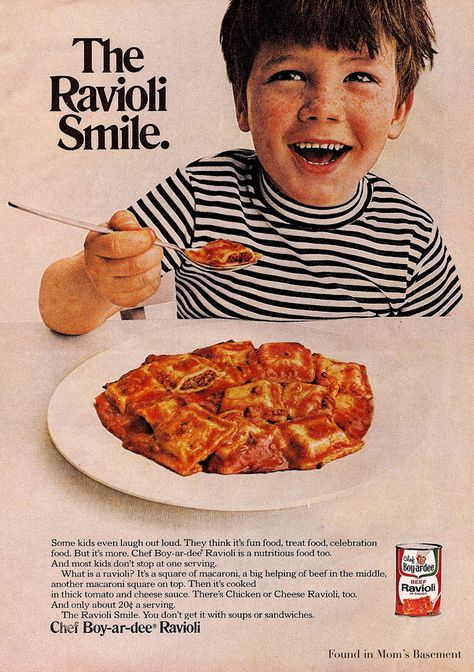 The Ravioli Smile 1970s Food, 70s Food, Chef Boyardee, Food Advertising, Tomato And Cheese, Food Ads, Retro Ads, Retro Recipes, Old Ads