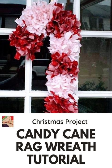 Candy Cane Wreath Tutorial, Candy Cane Wreath Diy, Rag Wreath Tutorial, Rag Wreaths, Candy Cane Crafts, Crochet Wreath, Farmhouse Style Christmas, Candy Cane Wreath, Fabric Wreath