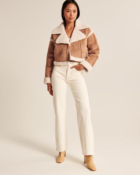 Women's Cropped Vegan Suede Shearling Jacket | Women's Coats & Jackets | Abercrombie.com | Abercrombie & Fitch (US) Sherling Jacket, Suede Jacket Outfit, Shearling Jacket Women, Jcrew Collection, Business Pants, Jacket Outfit, Double Breasted Jacket, Matches Fashion, Shearling Jacket