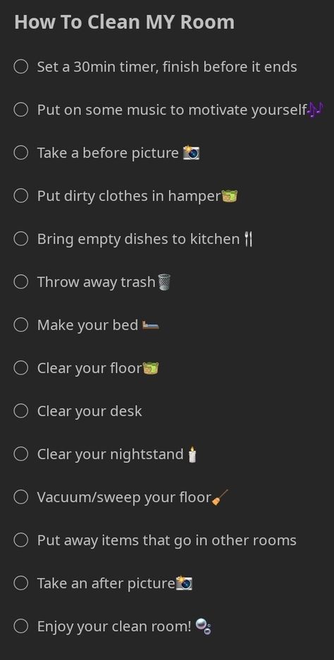 This is my checklist for cleaning my room! Tips To Keep Your Room Clean, Cleaning Ideas Bedroom, New Room Checklist, Deep Clean Room Checklist, Deep Cleaning Room Checklist, Quick Cleaning Checklist, Cleaning Schedule Bedroom, Cleaning Room Tips, Room Deep Clean