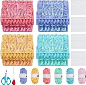 FREEBLOSS 4 Set Plastic Canvas Box Kit Plastic Canvas Kit for Beginners Mesh Canvas Sheets and 6 Colors Yarn for Embroidery Crafting, Knitting Projects Plastic Canvas Box, Plastic Canvas Box Patterns, Yarn Box, Plastic Canvas Books, Plastic Canvas Stitches, Jewelry Hair Accessories, Plastic Mesh, Plastic Canvas Patterns Free, Box Patterns