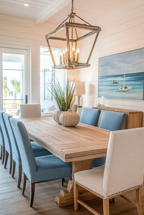 "🌊🍽️ Transform your dining space with Coastal Dining Room Decor! Think light, breezy vibes with nautical accents, driftwood, and soft blues. Perfect for a relaxing, beach-inspired meal at home. 🐚🌴 #CoastalDecor #DiningRoomDesign #BeachStyle" Coastal Remodel Ideas, Sunroom Coastal Decor, Coastal Beach Dining Room, Beach Style Dining Room, Bright And Airy Dining Room, Beach Home Dining Room, Coastal Farmhouse Dining Chairs, Coastal Dining Nook, Modern Coastal Decor Dining Room