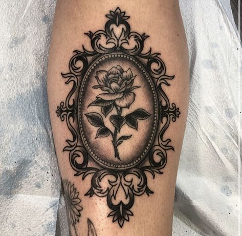 Grandma Tattoo Ideas, Vintage Frame Tattoo, Vintage Mirror Tattoo, Grandma Tattoo, Victorian Tattoo, Mirror Tattoos, Grandma Tattoos, Framed Tattoo, Theme Tattoo