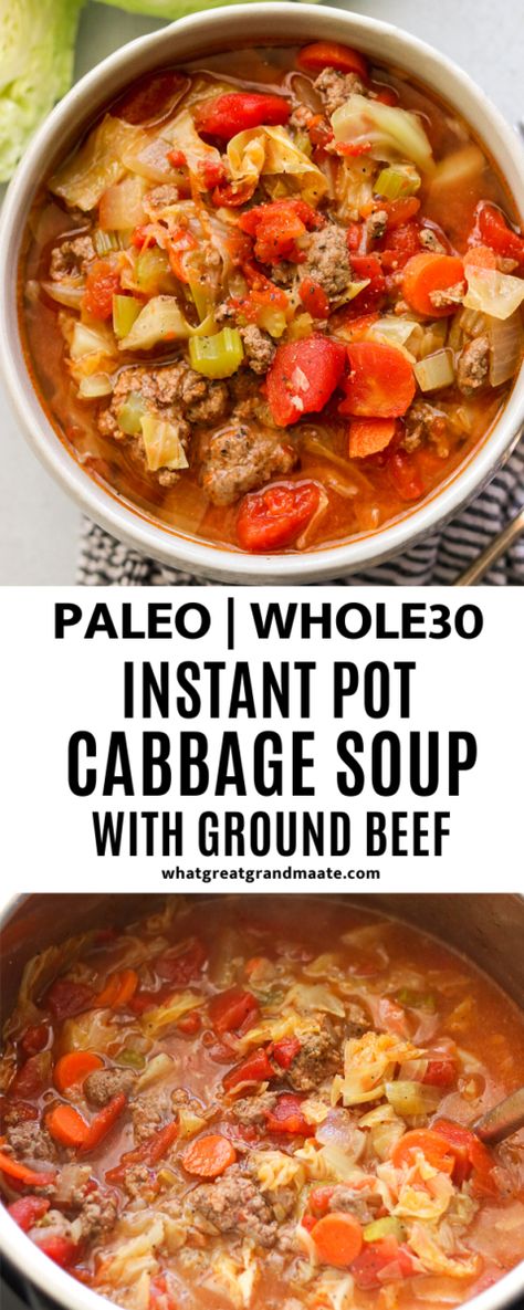 This cozy and comforting Instant Pot Cabbage Soup with ground beef is ridiculously easy, yet so flavorful! It's a healthy Whole30 and Keto cabbage soup packed with all the good stuff. A combination of fresh veggies, canned diced tomatoes, and ground beef make this soup a yummy, low-carb option for busy weeknights, meal prep, or to share! #instantpotsoup #whole30 #whole30soup #paleosoup #cabbagesoup #paleodinner #glutenfree #glutenfreesoup #whole30dinner #ketosoup #ketocabbagesoup Cabbage Soup With Ground Beef, Instant Pot Cabbage Soup, Whole30 Soup, Instant Pot Cabbage, Whole30 Soup Recipes, Delicious Paleo Recipes, Paleo Soup, Soup With Ground Beef, Whole30 Dinners