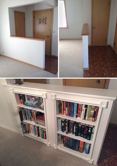 No Turning Back Half-Wall Book Shelf Frame Opening In Wall, Half Wall Upstairs, Half Wall Framing, Reading Corner Built In, Pony Wall Cap Ideas, Temporary Half Wall, Half Wall Cabinets, How To Decorate A Half Wall, Wooden Half Wall