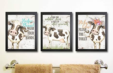 Cow Pictures Decor, Cow Bathroom, Heifer Please, Bath Decoration, Farm Prints, Cow Kitchen Decor, Deco Wall Art, Set Pictures, Pictures Decor