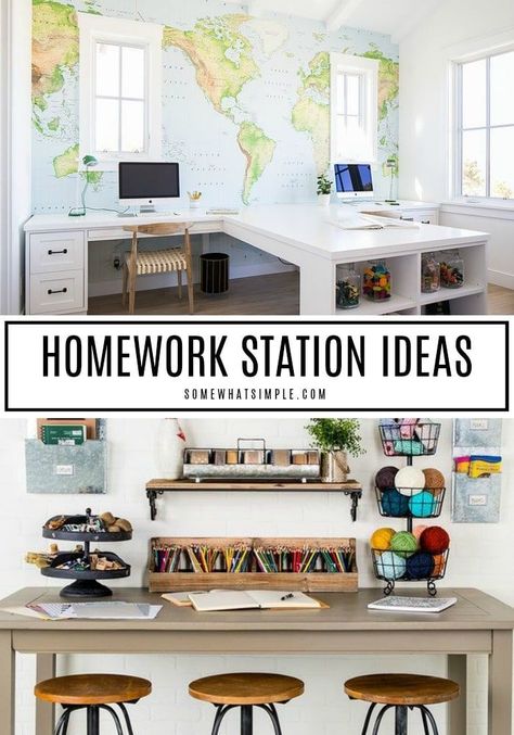 Set your kids up with some serious Back-to-School SUCCESS by making a special spot to study and complete their homework assignments! Here are 10 of our favorite homework station ideas you can create in your home! #homeworkstation #homework #homeoffice #kidsdesk Living Room Homework Station, Homework Board For Home, Homework Space Study Areas, Kids Desk Area In Playroom, Office Desks For Home Work Stations, Homework Room And Office, Office Homework Room Study Areas, Home Office And School Room, Dining Room Study Area