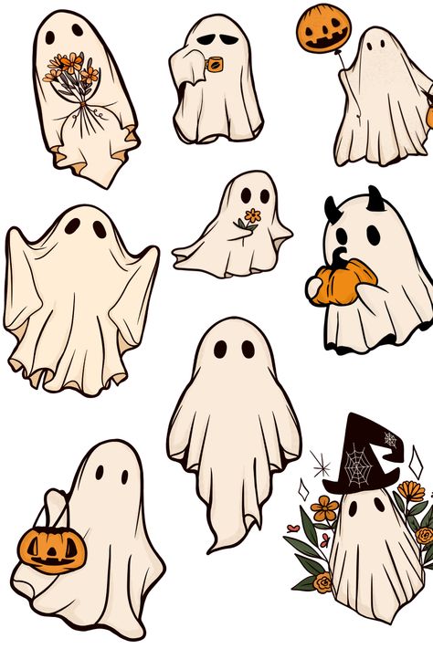 Pumpkin Ghost Drawing, Fall Aesthetic Tattoo, Ghost With Pumpkin Drawing, Doodle Ghost Cute, Ghost Party Drawing, Free Halloween Printable Decor, Drawing Ghost Cute, Cute Halloween Ghost Wallpaper, Cute Things To Draw Halloween