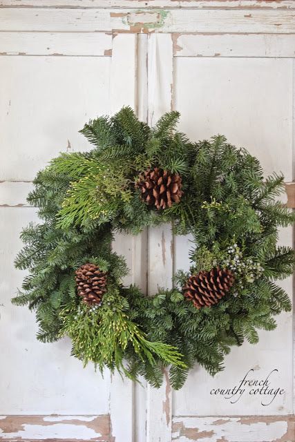 French Inspired Christmas decor - French Country Cottage Simple Christmas Wreaths, Julkransar Diy, Wreaths Winter, Fresh Christmas Wreath, Pom Wreath, French Country Christmas, Anthropologie Inspired, Easy Christmas Wreaths, Country Christmas Decorations