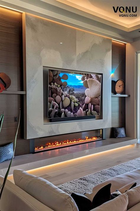 Contemporary Media Wall With Stone Surround Modern Tv Wall With Fireplace, Contemporary Media Wall, Wall Fireplace Ideas, Inset Lighting, Tv Wall Design With Fireplace, Media Wall With Fireplace, Wall With Fireplace, Faux Fireplaces, Fireplace Feature