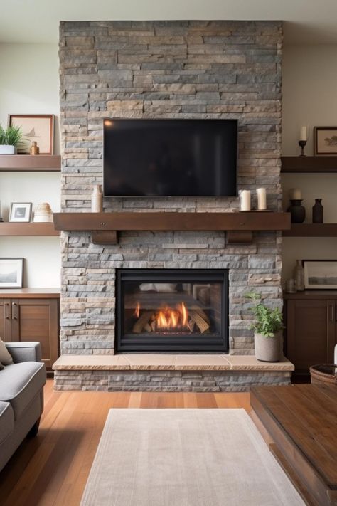 Fireplace With Faux Stone, Fireplace Side Wall Ideas, Fireplace With Built Ins, Fireplace Shelving, Decorate Your Fireplace, Elegant Fireplace, Sidewall Design, Built In Around Fireplace, Accessible House