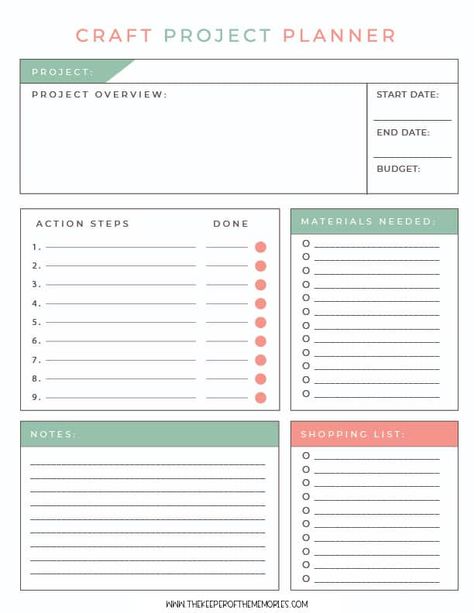 Free Printable Craft Project Planner - The Keeper of the Memories Project Tracker Bullet Journal, Diy Project Planner, Work Printable Free, Goal Planner Template Free Printables, Free Printable Project Planner, Craft Project Planner Template, Bujo Project Tracker, Sewing Project Planner Template, Craft Business Planner