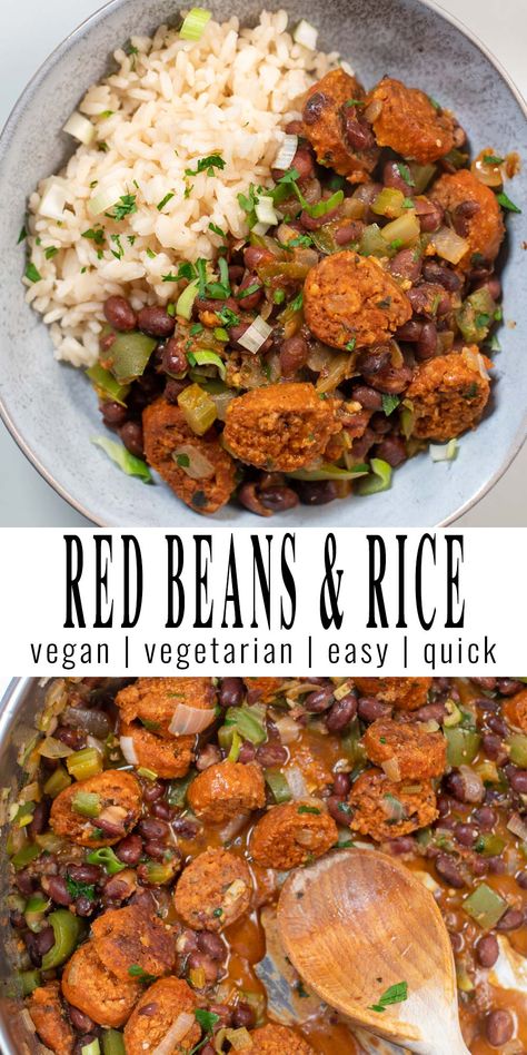 Red Beans and Rice are the ultimate comfort food, filling and so easy to make. Made with vegan sausage, rice, red beans, vegetables and great seasonings it is always a staple always. Tons of flavors and wonderful textures that you love make this Red Beans and Rice recipe a keeper that everyone can't get enough of. #vegan #dairyfree #dinner #vegetarian #lunch #contentednesscooking #redbeansandsrice Vegan Red Beans And Rice, Vegan Red Beans, Red Bean And Rice Recipe, Vegan Casseroles, Red Beans Recipe, Red Beans And Rice Recipe, Sweet Potato Rice, Red Beans N Rice Recipe, Cooking Vegetarian