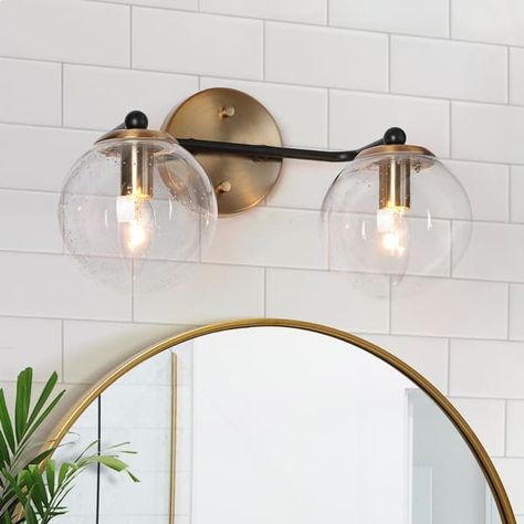 Modern 2-Light Black Gold Bathroom Vanity Lights Globe Glass Wall Sconces - 14.5" L x 7.5" W x 8" H - On Sale - Bed Bath & Beyond - 35511453 Globe Bathroom Light Fixture, Lights Over Vanity In Bathroom, Black And Gold Vanity Light, Gold And Black Bathroom, Globe Vanity Light, Double Vanity Lighting, Black Gold Bathroom, Bathroom Light Fixtures Over Mirror, Gold Bathroom Fixtures