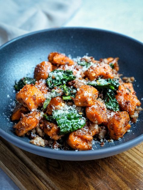 Brown Butter Sweet Potato Gnocchi with Sausage and Kale - Chasing Cravings Sweet Potato Gnocchi And Sausage, Healthy Sweet Italian Sausage Recipes, Italian Sausage And Sweet Potato Recipes, Sweet Potato Gnocchi Recipe, Sausage Pasta Sauce, Butter Sauce For Pasta, Gnocchi Dishes, Pasta Ideas, Cherry Tomato Sauce