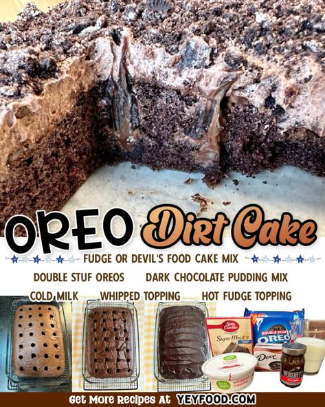 Oreo Dirt Pudding Cake, Oreo Dream Dessert, Chocolate Cake With Oreos On Top, Good Chocolate Cake Recipes, Brownie Dirt Cake, Oreo Dirt Cake Recipe Easy, Dirt Cake Birthday, Dirt Poke Cake, Easy Oreo Dirt Cake