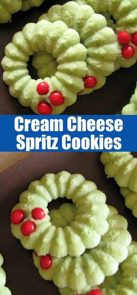 Cream Cheese Spritz Cookies - these spritz cookies or holly wreaths are the perfect holiday cookie. Just like you had as a kid, and you can make any shape you like! Jello Spritz Cookies Recipes Best, Cream Cheese Peppermint Cookies, Cream Cheese Spritz Cookies Recipes, Decorated Spritz Cookies Christmas, Low Carb Spritz Cookies, Cookie Press Cookies Recipe Holidays, Christmas Cookies Spritz, Cake Mix Spritz Cookies, Spritz Cookies With Cream Cheese