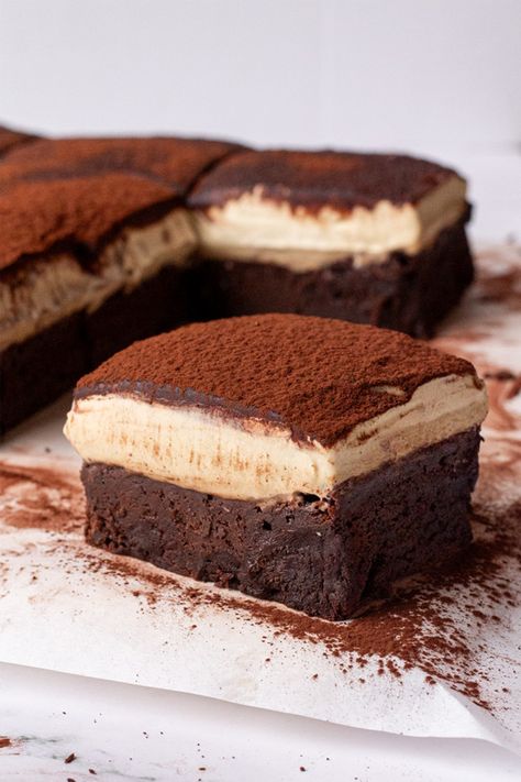 Broma Bakery Tiramisu, Tiramisu Recipe Chocolate, Frozen Tiramisu Dessert, Tirimasu Brownie, Tiramisu Display, Brownie Tiramisu Recipe, Small Batch Tiramisu, Tiramisu Inspired Desserts, Fluffy Dessert Recipes