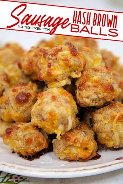 Sausage & Hash Brown Balls {Football Friday} - Plain Chicken Meatball Hashbrown Casserole, Make Ahead Snack Ideas, Hash Brown And Sausage Bites, Sausage And Hashbrown Balls, Hashbrown Sausage Balls, Easy Savory Appetizers, Breakfast Apps, Breakfast Sausage Balls, Brunch Meat