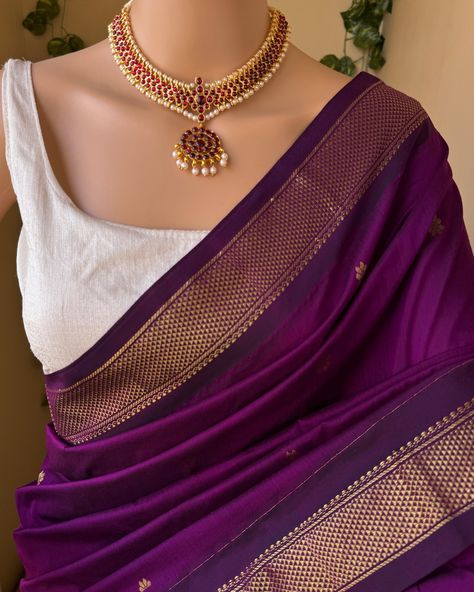 Www.thejacouture.in > Full Butta Traditional cotton silk saree > magenta cotton silk saree. . Saree Description: Magenta cotton silk saree with contrast zari border and butta all over. Comes with running blouse. Saree height: 46 inches. Saree length: 5.5 meters. Blouse : 80cm Care: Normal wash. priced: 1450/- INR For for details and query direct message us❤️. . #saree #sareelove #sareelovers #sareeblouse #sareefashion #sareedraping #sareepact #sareeblousedesigns #sareeinspiration #sare... South Indian Sarees Modern, Magenta Saree Contrast Blouse, Silk Saree Aesthetic, Contrast Blouses For Silk Sarees, Cotton Saree Look Modern, Purple Saree Blouse, Magenta Silk Saree, Normal Saree, One Piece Dress Design