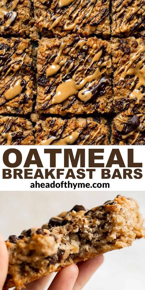 Oatmeal Breakfast Bars are chewy, filling, and delicious. Packed with simple, healthy ingredients like oats, peanut butter, and bananas, these bars are nutritious enough to start your day. They are great when you need a quick, healthy breakfast on-the-go or a snack that the whole family will love — kids too!. Think warm, comforting bowls of oatmeal, but in bar form. | aheadofthyme.com #breakfastoatmealbars #oatbars #oatsquares #breakfastbars #oatmealbars via @aheadofthyme Banana Chocolate Oatmeal, Soup Shots, Peanut Butter Breakfast Bar, Banana Oatmeal Bars, Oatmeal Bars Healthy, Chocolate Oatmeal Bars, Oatmeal Cookie Bars, No Bake Oatmeal Bars, Peanut Butter Oatmeal Bars