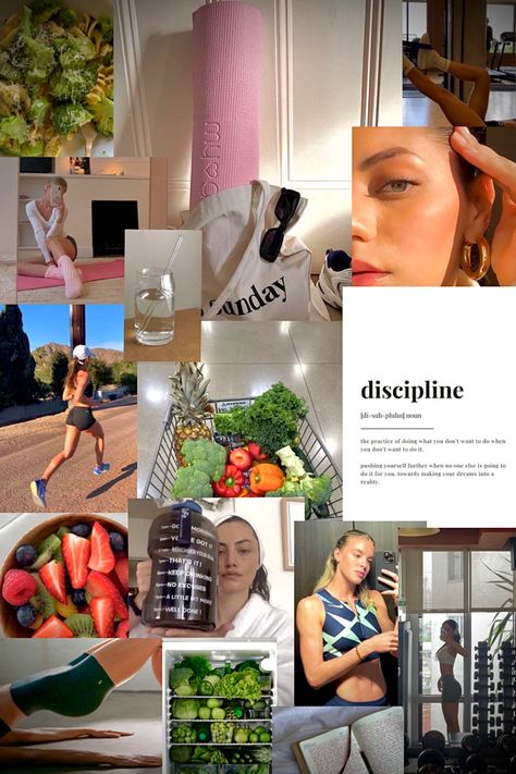 Vision board/collage. Inspiration for others to stay motivated. My vision board presents pretty girls that are working out, healthy food, big gallon water bottle to hydrate (link for it is here - just tap the photo) body goals, definition of discipline because it is a key to success. Vision board inspires other people to keep going, to stay consistent, to change their lifestyle to healthier. Eating Health Aesthetic, Healthy And Productive Lifestyle, Summer Inspiration Body Healthy, Summer Body Motivate, Lifestyle Inspo Inspiration, That Girl Aesthetic Fitness, Fit Healthy Girl, Being Fit Aesthetic, Healthy Fitness Aesthetic