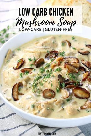 This Low Carb Chicken and Mushroom Soup is a creamy and soul-warming bowl of delicious comfort food.   #ChickenRecipes #ChickenDinner #ChickenSoupRecipe #EasyMeals #EasyDinnerRecipes #TasteAndSee  | With three kinds of cheese, three kinds of mushrooms, and the most tender,  flavorful chicken! Anti Inflamatory Low Carb Soup, Creamy Keto Chicken Soup, Low Carb Healthy Soup, Low Carb Chicken Mushroom Soup, Creamy Low Carb Soup, Low Carb Chicken Wild Rice Soup, Low Carb Chicken Soups, Low Carb Rice Recipes, Low Carb Crockpot Soup Recipes