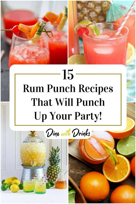 Collage of 4 rum punch recipes. Summer Rum Drinks, Rum Punch Drink, Tequila Punch, Coconut Rum Punches, Bartender Recipes, Alcoholic Punch Recipes, Rum Punch Recipes, Party Punch Recipes, Rum Cocktail Recipes