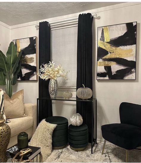 White Black And Gold Decor, Tan Black And Gold Living Room, Black White And Gold Studio Apartment, Gold And Black Apartment Decor, Black Green And Gold Living Room, Black And Silver Home Decor, Black And Gold Living Room Decor Ideas, Grey Black Gold Living Room, Emerald Green Decor Living Room