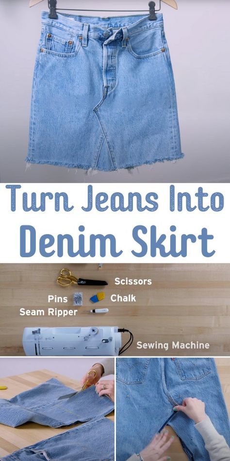 Denim Skirt Sewing Pattern Free, Diy Denim Skirt From Jeans Midi, Denim Shorts To Skirt Diy, Jean Skirt Out Of Old Jeans, Jean Pants To Skirt Diy, Make Denim Skirt From Jeans, Upcycled Jean Skirt Diy, How To Sew A Jean Skirt, Denim Pants To Skirt Diy