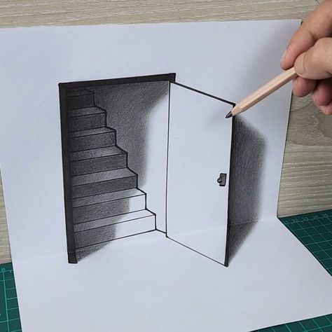 How to Draw- 3d Illusion Door | Trick Art | By Noman Art | Facebook 3d Optical Illusions Drawing, 3d Drawings 3d Artwork, Obstacle Illusions, 3d Illusion Drawing, Earth Live Wallpaper, 3d Illusion Art, How To Draw Stairs, Optical Illusions Pictures, Drawing Hacks