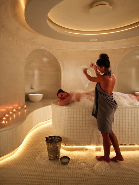 Luxury Spa Turkish Hammam in Mykonos | Mykonos Riviera Luxury Hotel Spa Massage Room, Turkish Hammam, Home Spa Room, Dreams Spa, Spa Room Decor, Spa Interior Design, Spa Rooms, Mykonos Town, Hot Steam