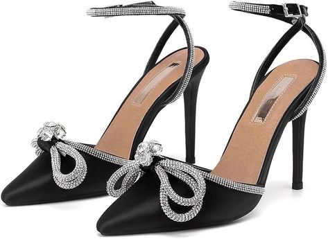 🌸[Classic Design]🌸This lace-up high-heeled sandal has a classic design, satin upper, rhinestone strip decoration with rhinestone bow, almond-shaped pointed toe, stiletto heel, rubber sole and metal adjustable buckle. 🌸[Heel Height]🌸 10.5 cm (4.13) inches. These high heels with ankle straps are based on elegance and elegance. The height of the heel can enhance the temperament of your whole person, and make your matching clothes, skirts, and pants more temperament. Luxury Heels, Lace Up High Heels, Elegant High Heels, Bow Heels, Pointed Heels, Buckled Heels, Strap Pumps, Stiletto Sandals, Lace Up Heels