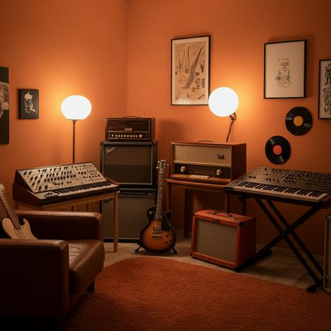 Interior Design Music Room, Instruments In Living Room, Music Room Apartment, Jam Room Ideas Music Studios, Vibey Music Studio, Music Space In Living Room, Tiny Music Room, Mid Century Music Studio, Music Jam Room