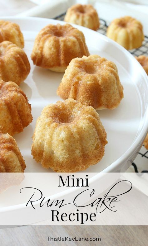 Mini rum cake recipe. Pin this for later. #rumcakerecipe #minirumcakes #howtomakerumcakes Rum Cake Mini Bundt, Mini Bundt Rum Cake Recipes, Mini Fluted Cakes, Mini Rum Cakes Bundt Pans, Mini Rum Bundt Cakes, Rum Cake Cupcakes, Mini Rum Cakes, Mini Bunt Cake, Rum Cupcakes