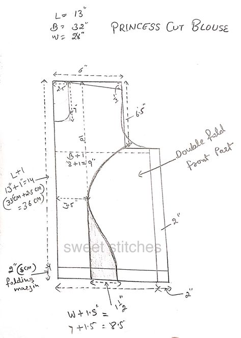 Sweet Stitches - Drafting of princess cut blouse #faishon... Princess Pattern Sewing, Princess Blouse Designs Pattern, Blouse Princess Cut Design, Blouse Designs Cut Work, Pattern Drafting Tutorials Blouses, Churidar Pattern, Princess Cut Dress, Princess Cut Blouse Design, Blouse Tutorial