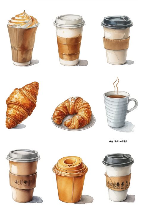 Coffee And Croissant Illustration, Cafe Food Illustration, Coffee Cute Wallpaper, Pastry Illustration Drawings, Art Cafe Aesthetic, Cute Coffee Illustration, Cafe Food Drawing, Cafe Board Design, Cafe Art Illustration