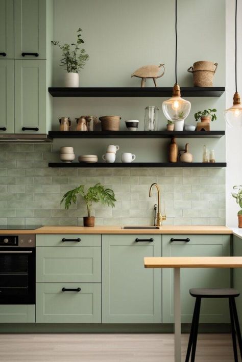 Soft Green Kitchens - Timeless Elegance Meets Modern Chic Green Color Home Decor, Kitchen Backsplash With Green Walls, Dark Green And Oak Kitchen, Green Wall Kitchen Ideas, Light Green Backsplash, Kitchen Colors 2024, Sage Green And Black Kitchen, Green Grey Kitchen, Grey Green Kitchen