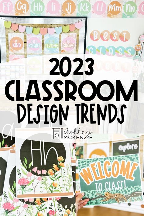 A classroom decorated with a marbled pastel theme, alphabet posters shown in a wildflowers theme, and a "Welcome to Class" sign featuring a modern jungle design. Class Decor Theme, Classroom Themes For Prek, New Classroom Themes 2023, New Classroom Themes 2024, Trending Classroom Themes, Intermediate Classroom Decor, Classroom Decor 2024-2025, Classroom Themes For Toddlers, Classroom Decor 2023-2024