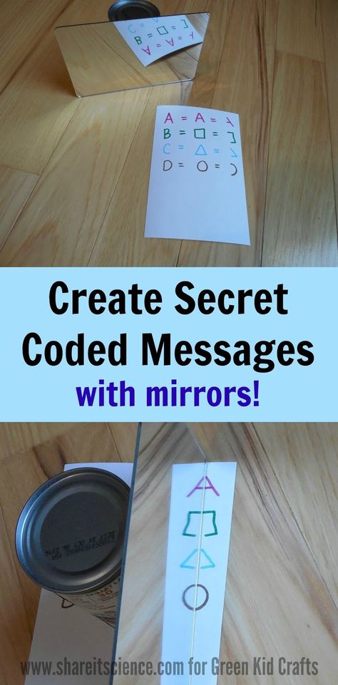 Kids investigate mirrors and reflections by devising their own secret coded messages! A fun science activity by Share it! Science featured on Green Kid Crafts Mirror Stem Activities, Reflection Science Activities, Mirror Activities, Reflection Math, Spy Activities, Code Secret, Reflection Activities, Science Stem, Steam Learning