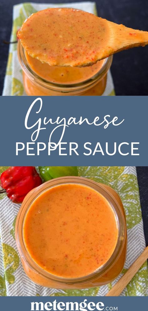 Caribbean Pepper Sauce Recipe, Caribbean Sauce, Caribbean People, Guyanese Recipes, Pepper Sauce Recipe, Hot Sauce Recipes, Hot Pepper Sauce, Hot Peppers, Kitchen Tables