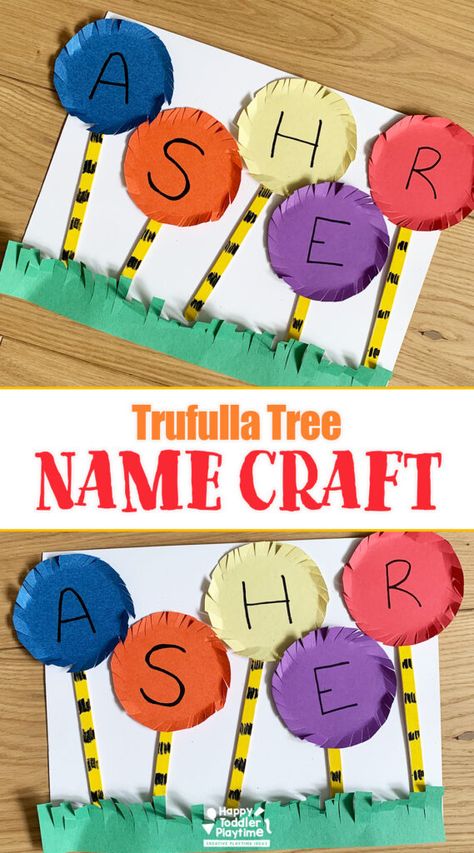 Trufulla Tree Name Craft - Happy Toddler Playtime Summer Name Craft, Letter K Crafts For Toddlers, Preschool Tree Activities, Trufulla Tree, Name Crafts Preschool, Name Crafts For Kids, Trufulla Trees, Toddler Craft Ideas, Childcare Crafts