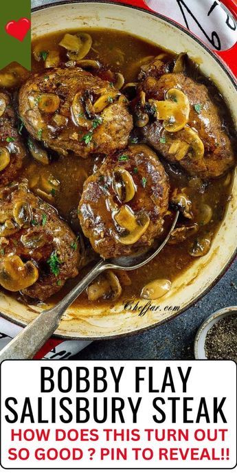 Bobby Flay's Salisbury Steak Recipe - Try the celebrity chef's delicious twist on a classic favorite! Make it tonight. Steak With Mushrooms, Salisbury Steak Recipe, Salisbury Steak Recipes, Beef Patties, Beef Casserole Recipes, Salisbury Steak, Bobby Flay, Mushroom Gravy, Steak Recipe