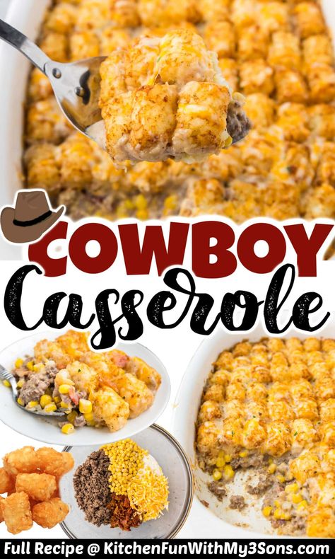 If you like easy dinners, consider making Cowboy Casserole for your next meal. It’s creamy, cheesy, hearty and covered in crispy tater tots. Your family will ask you to make it again and again! Cowboy Casserole Recipe, Cowboy Casserole, Tater Tot Recipes, Tater Tot Casserole Recipes, Beef Casserole Recipes, Ground Beef Recipes For Dinner, Tater Tots, Easy Casserole Recipes, Beef Recipes For Dinner