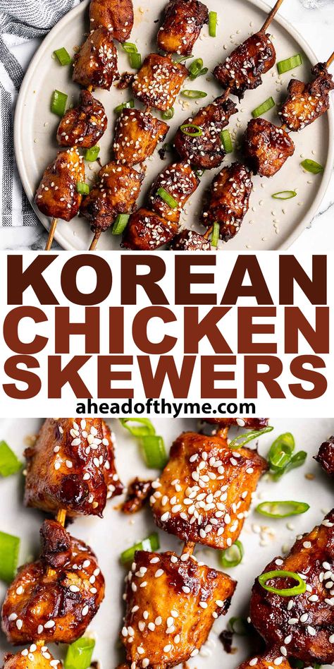 Korean Chicken Skewers Chicken Sate Skewers, Korean Skewers Street Food, Chicken Skewer Meal Prep, Korean Chicken Kabobs, Korean Bbq Skewers, Chicken Shish Kabobs Oven, Chinese Chicken Skewers, Skweres Recipe, Korean Chicken Skewers