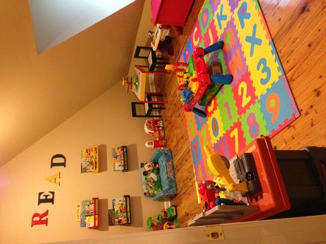 Our Playroom #playroom #colorful Small In Home Daycare, Toddler Boy Playroom Ideas, Toddler Playroom Ideas For Boys, Playroom Setup, Playroom Colorful, Small Kids Playrooms, Daycare Room Design, Daycare Setup, Home Daycare Ideas