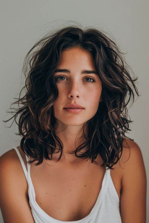 Mid Bob Curly Hair, Long Layered Hair Shoulder Length, Mid Length Hair Curly Natural, Wavy Mid Length Hair Styles, Long Bob Curly Haircuts, Medium Length Hair For Wavy Hair, Women Wavy Haircut, Female Shoulder Length Haircut, Curly Waves Short Hair