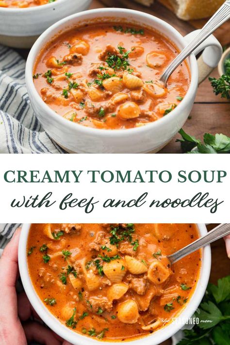 Creamy tomato soup with ground beef and noodles is an easy one-pot dinner that's ready in less than 45 minutes! Add a loaf of crusty bread or a simple green side salad for a delicious and family-friendly weeknight meal. Easy Soup Recipes Quick, Ground Beef And Noodles, Easy Taco Soup, Quick Soup, Beef Soup Recipes, Soup With Ground Beef, Beef Noodle Soup, Creamy Tomato Soup, Dinner With Ground Beef